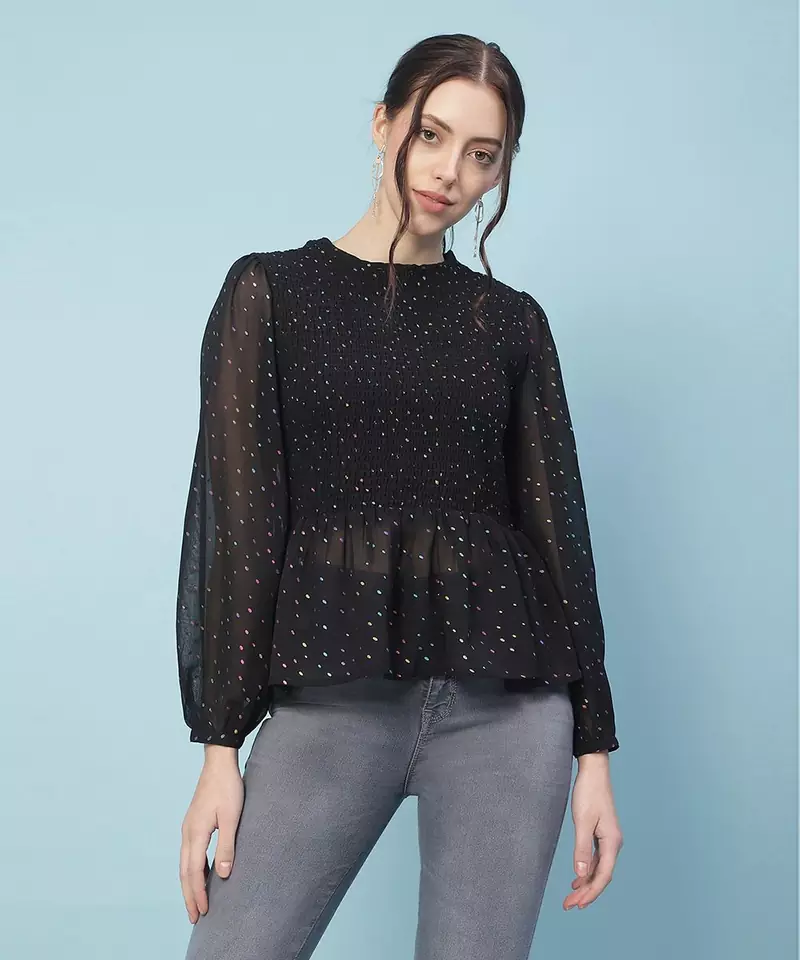Dingy black muticolor foil print smocking party women top