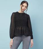 Dingy black muticolor foil print smocking party women top