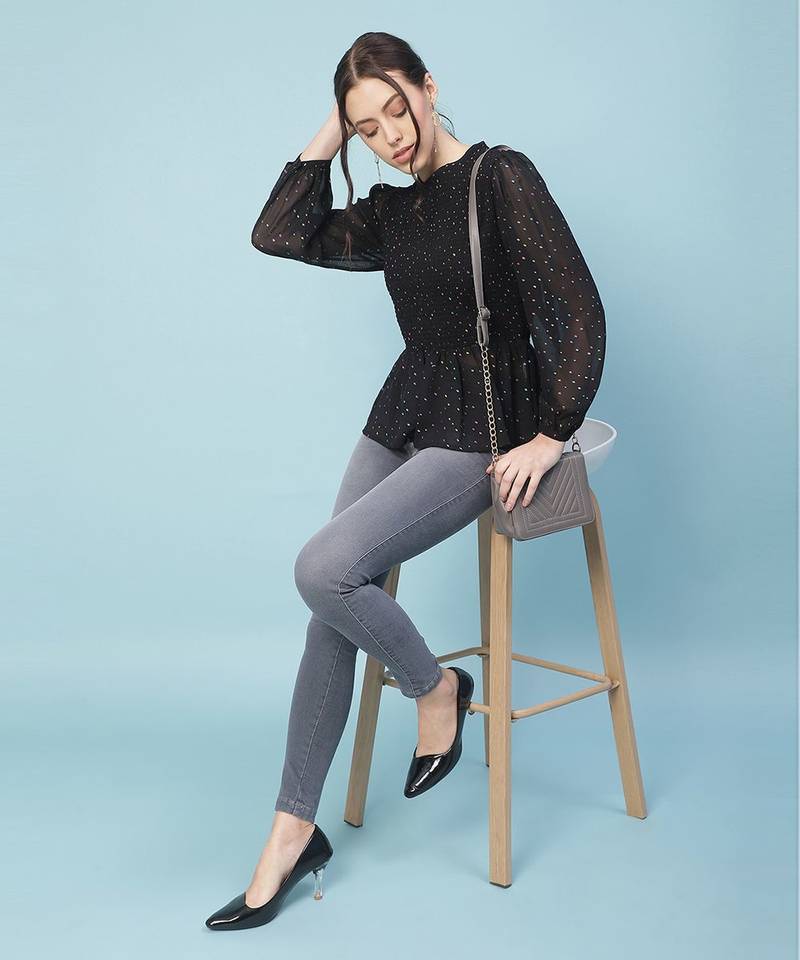 Dingy black muticolor foil print smocking party women top