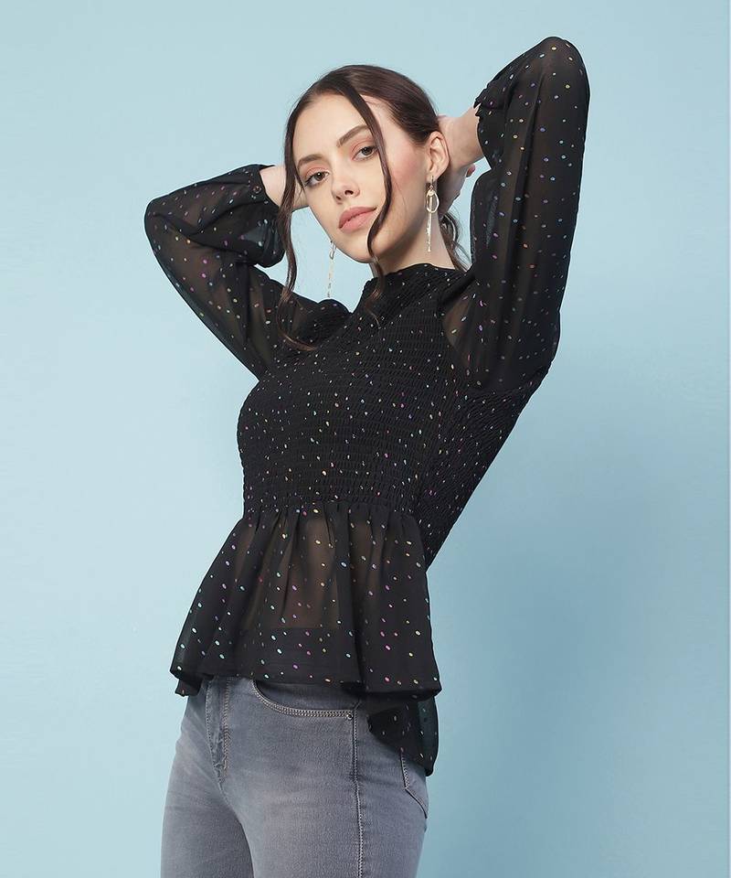 Dingy black muticolor foil print smocking party women top