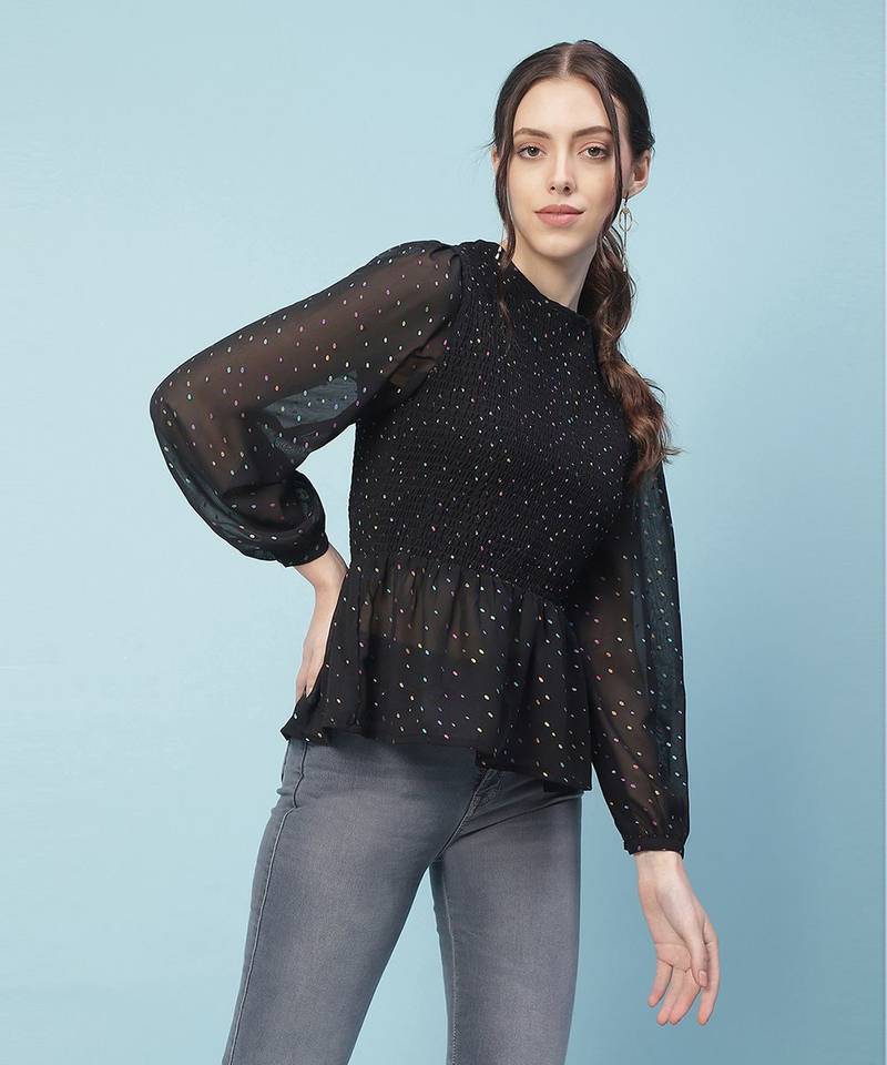 Dingy black muticolor foil print smocking party women top