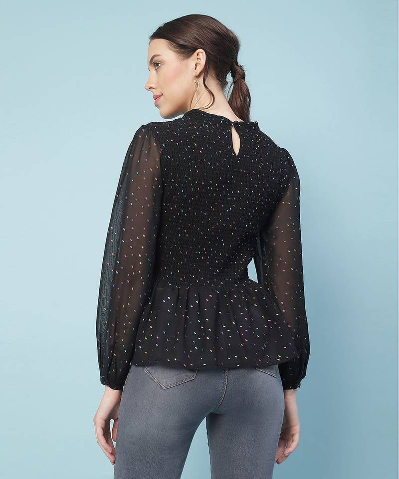 Dingy black muticolor foil print smocking party women top