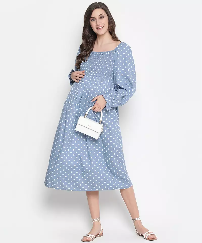 Bleed Blue  smocking polka print comfy maternity dress