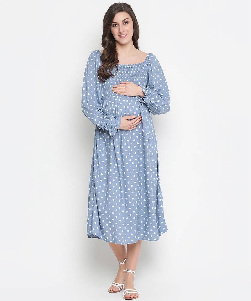 Bleed Blue  smocking polka print comfy maternity dress