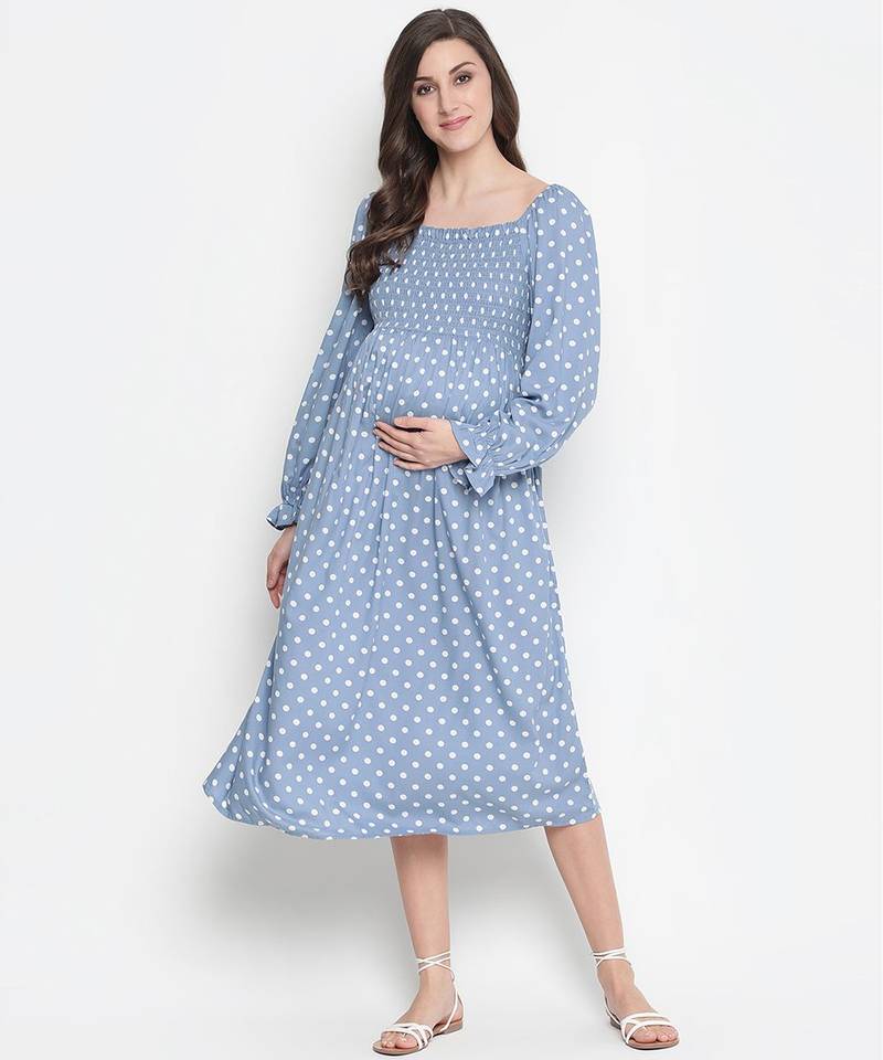 Bleed Blue  smocking polka print comfy maternity dress