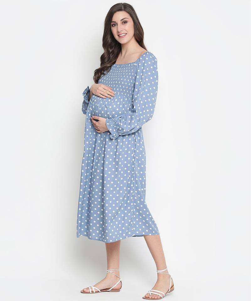 Bleed Blue  smocking polka print comfy maternity dress