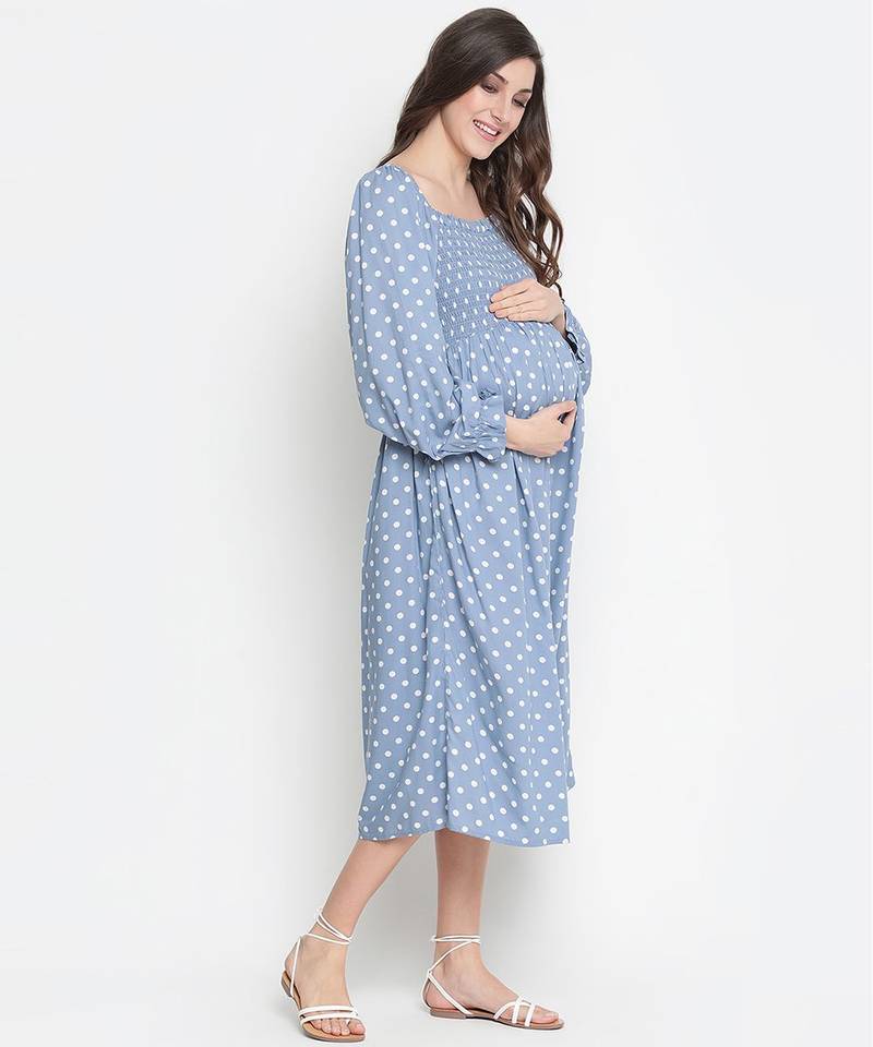 Bleed Blue  smocking polka print comfy maternity dress