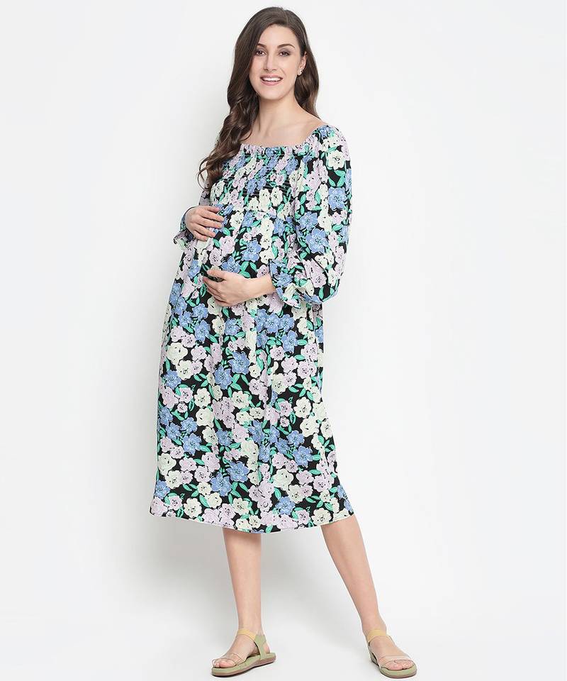 Camp of colors floral print easy maternity smocking dress