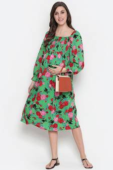 Denser Green floral print smocking comfy maternity dress