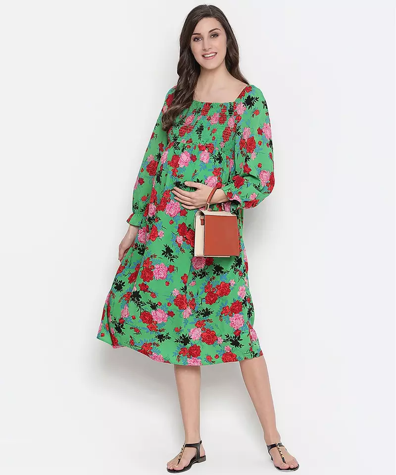 Denser Green floral print smocking comfy maternity dress