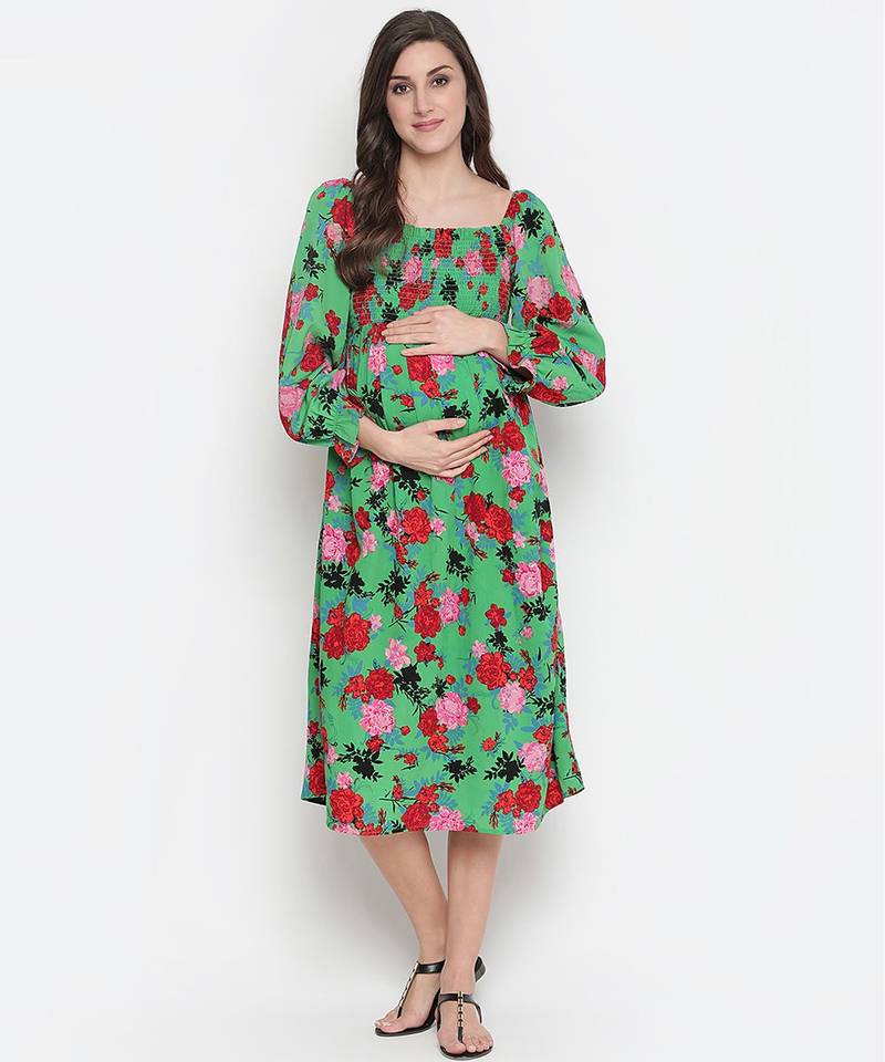 Denser Green floral print smocking comfy maternity dress