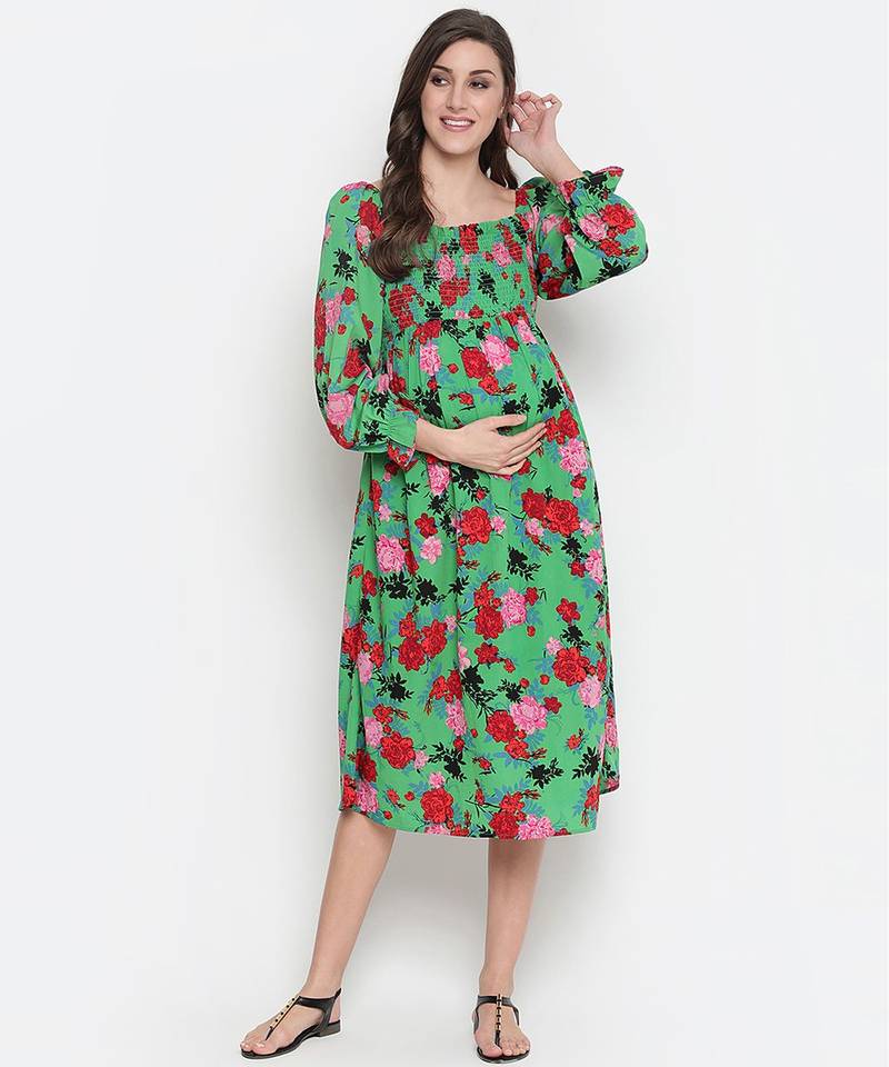 Denser Green floral print smocking comfy maternity dress
