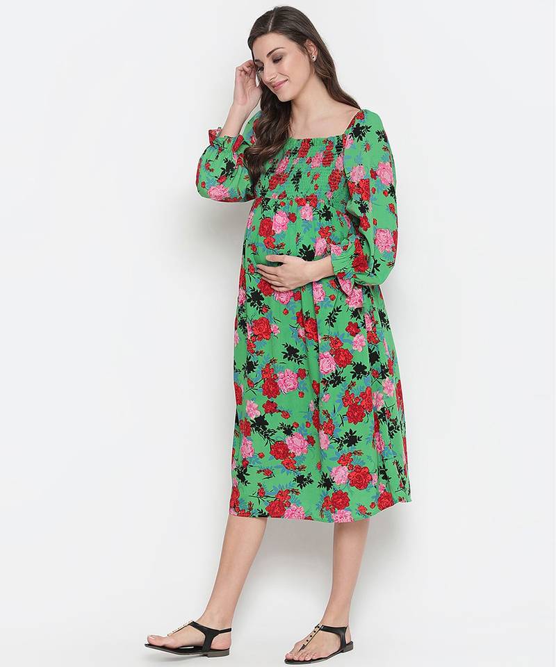 Denser Green floral print smocking comfy maternity dress