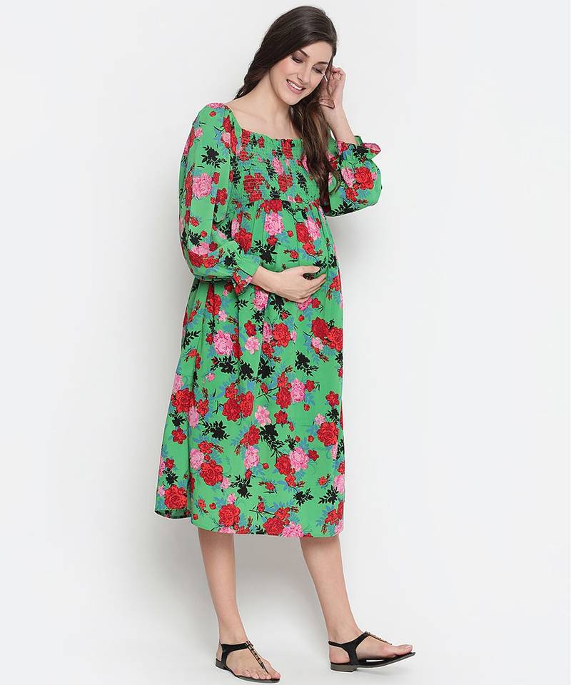 Denser Green floral print smocking comfy maternity dress
