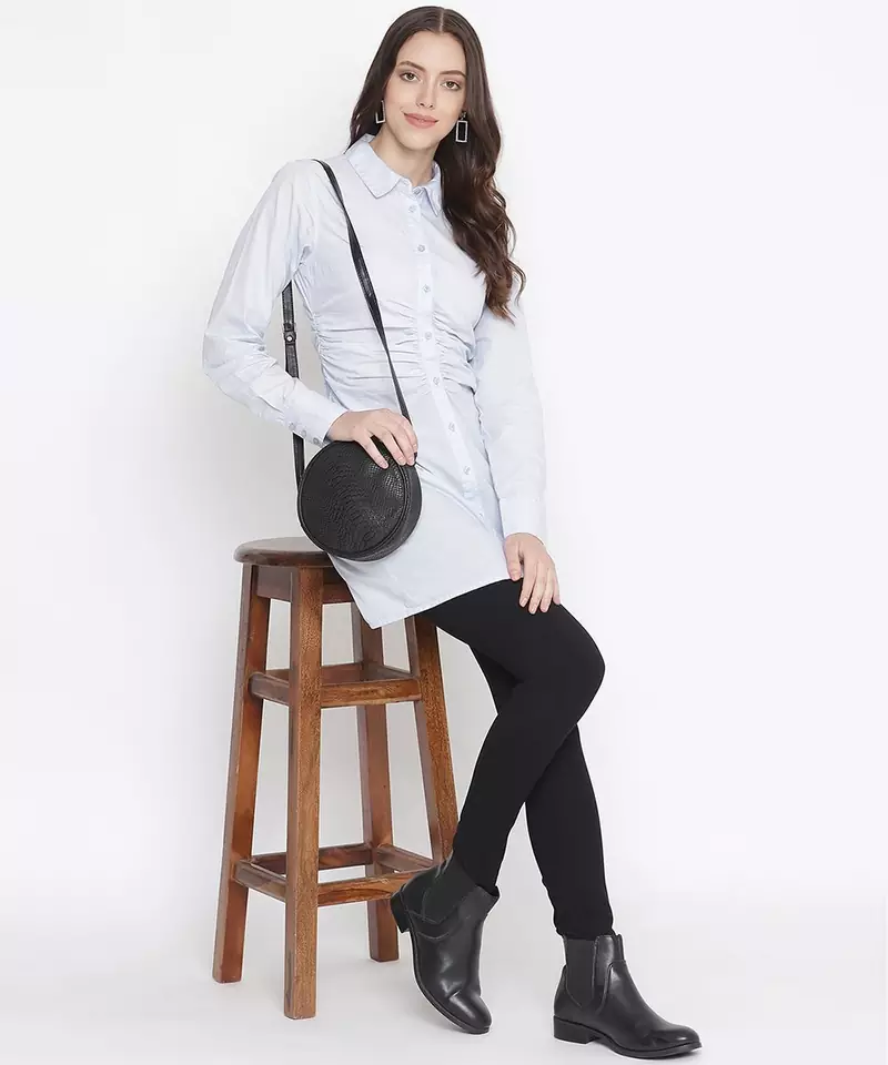 Magnetizing blue button-down gathered women tunic