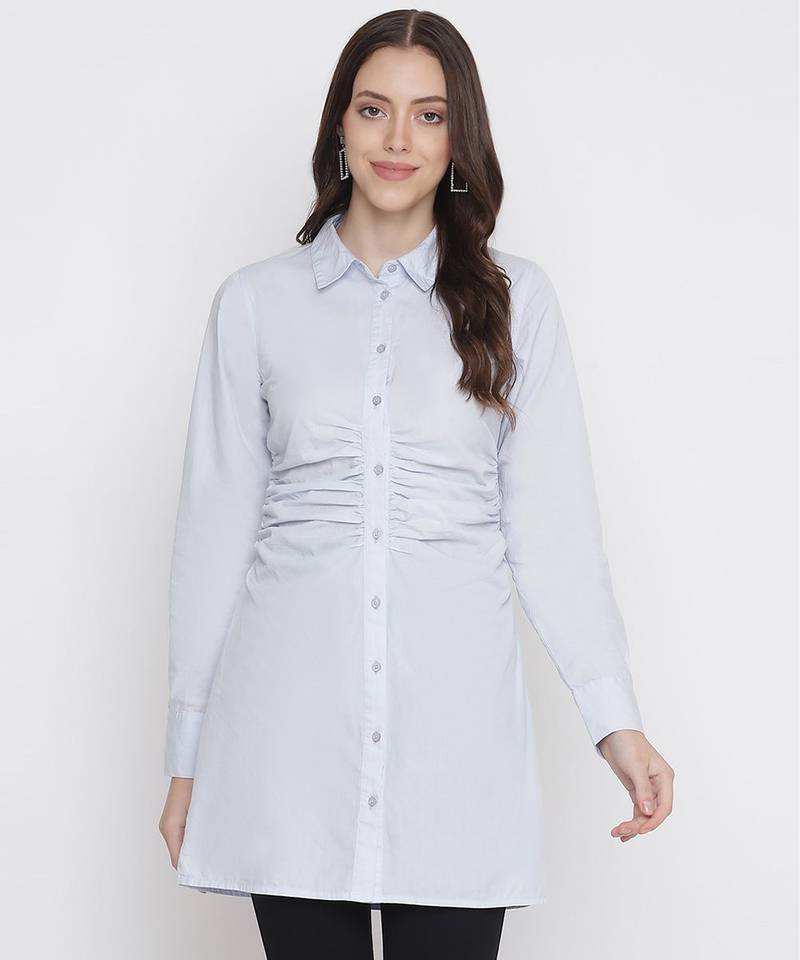 Magnetizing blue button-down gathered women tunic