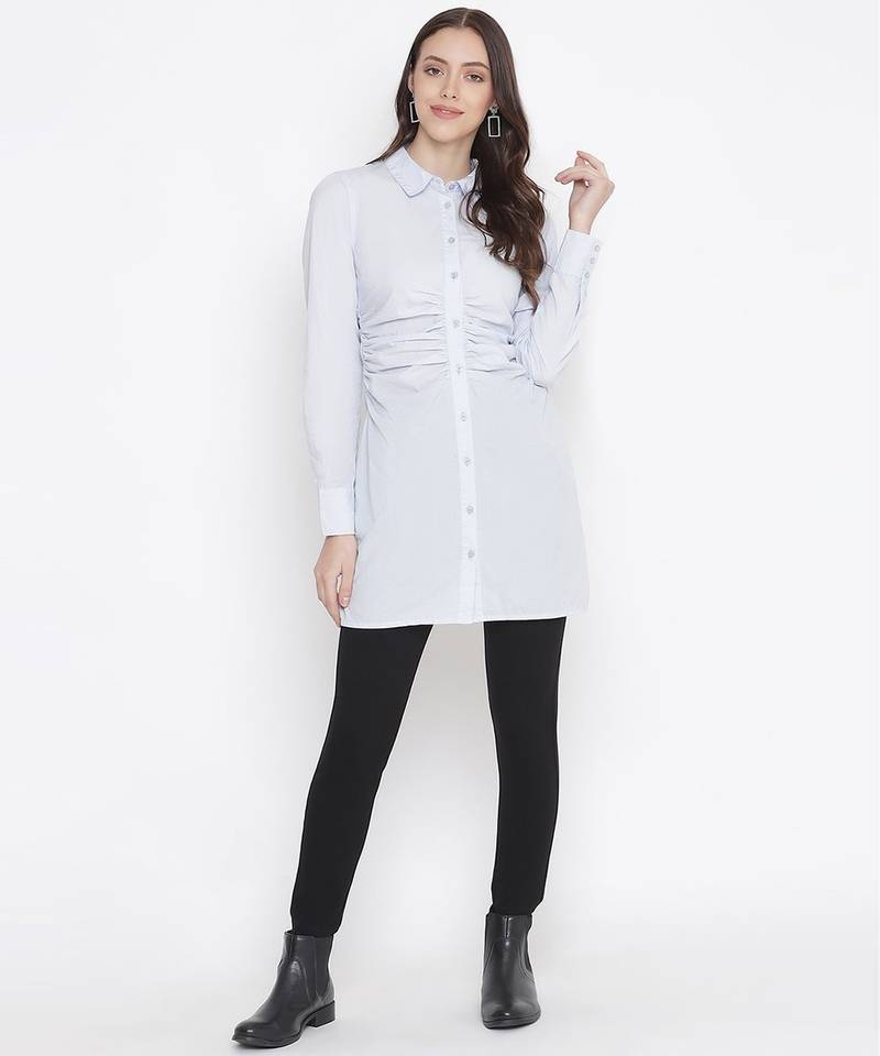 Magnetizing blue button-down gathered women tunic