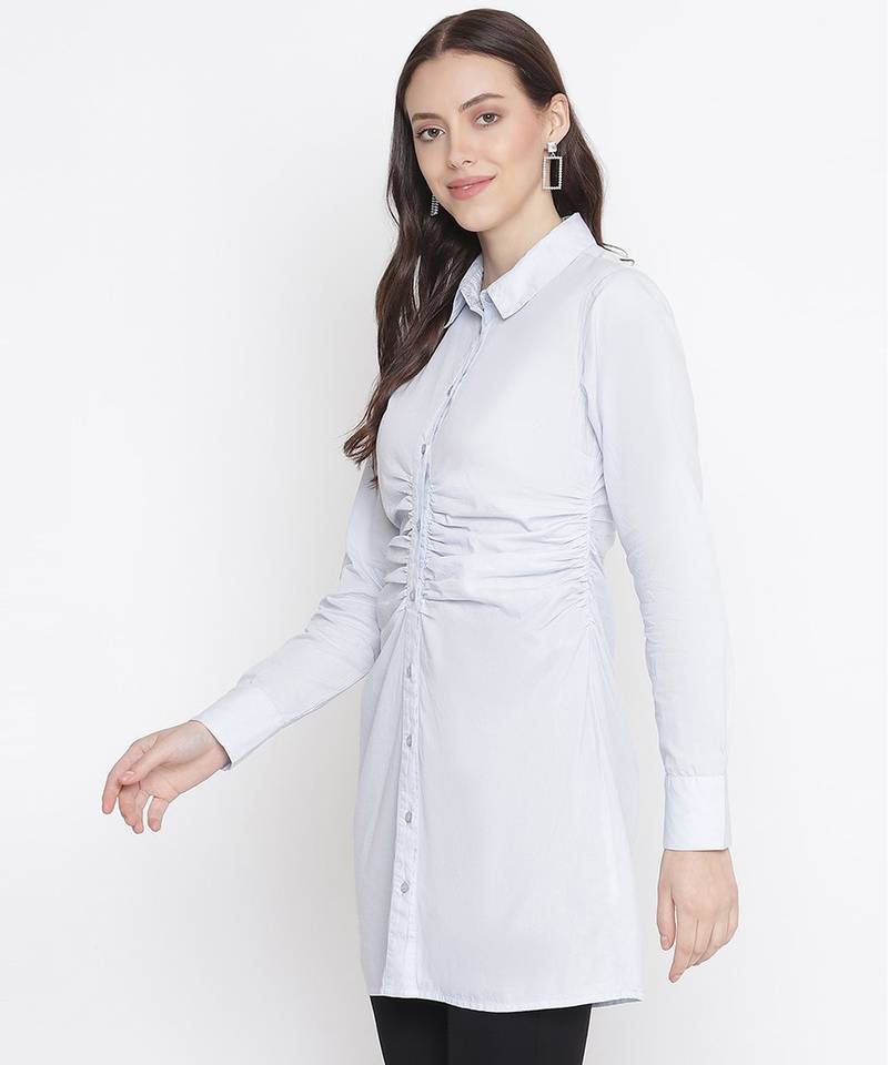 Magnetizing blue button-down gathered women tunic