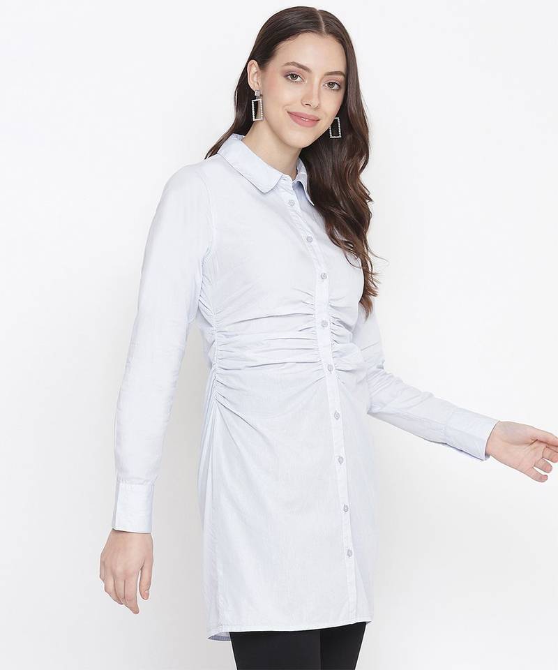 Magnetizing blue button-down gathered women tunic