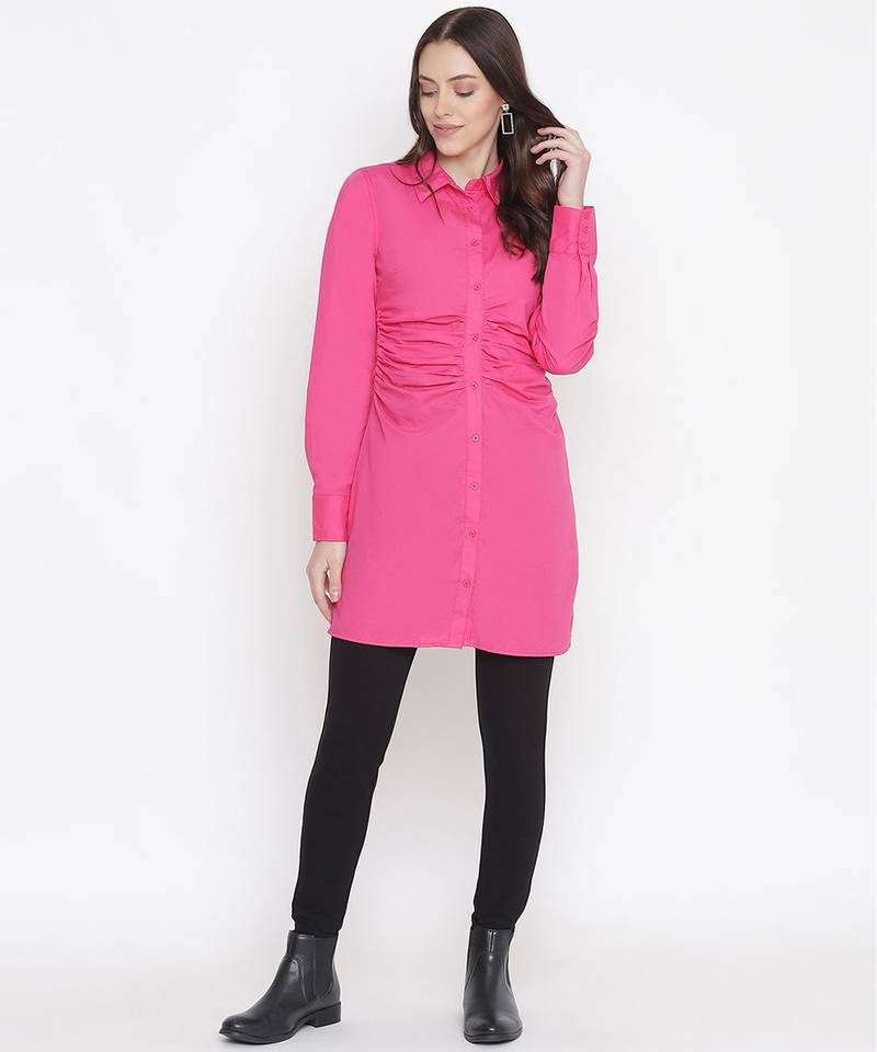 Attractive pink button-down women gathered tunic