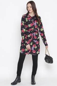 Black floral print button-down women gathered tunic