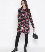 Black floral print button-down women gathered tunic