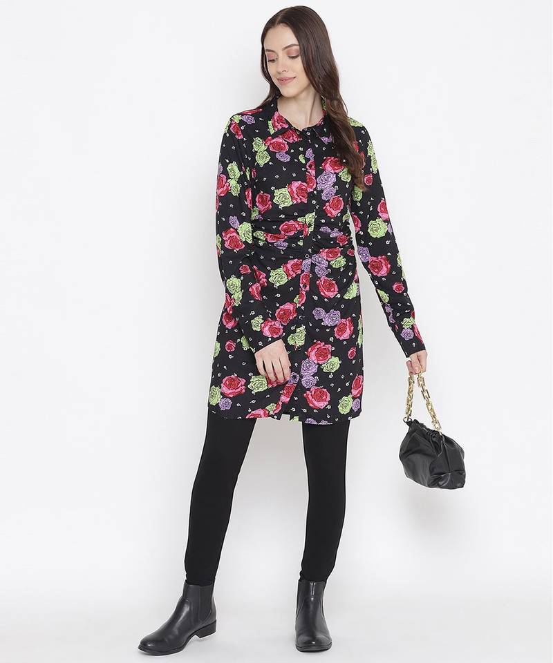 Black floral print button-down women gathered tunic