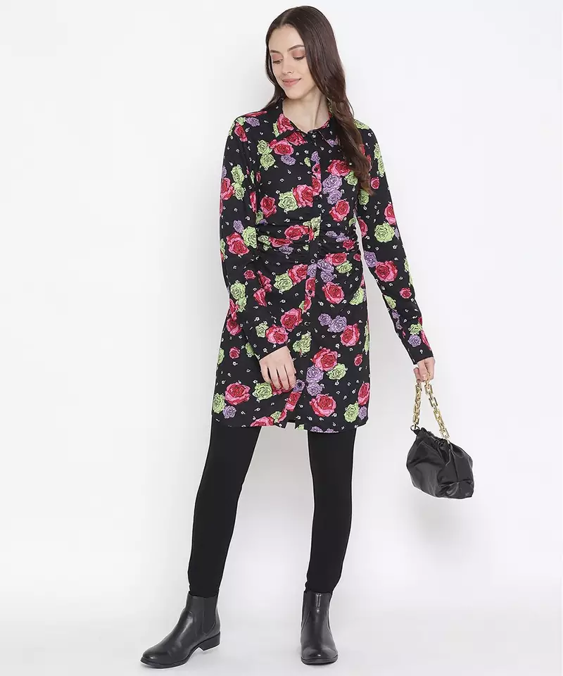 Black floral print button-down women gathered tunic
