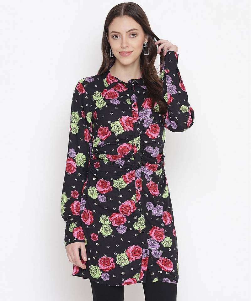 Black floral print button-down women gathered tunic