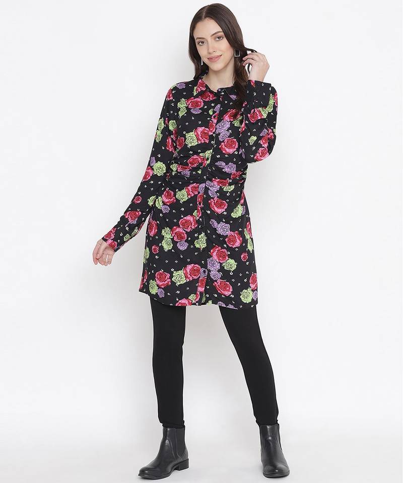 Black floral print button-down women gathered tunic
