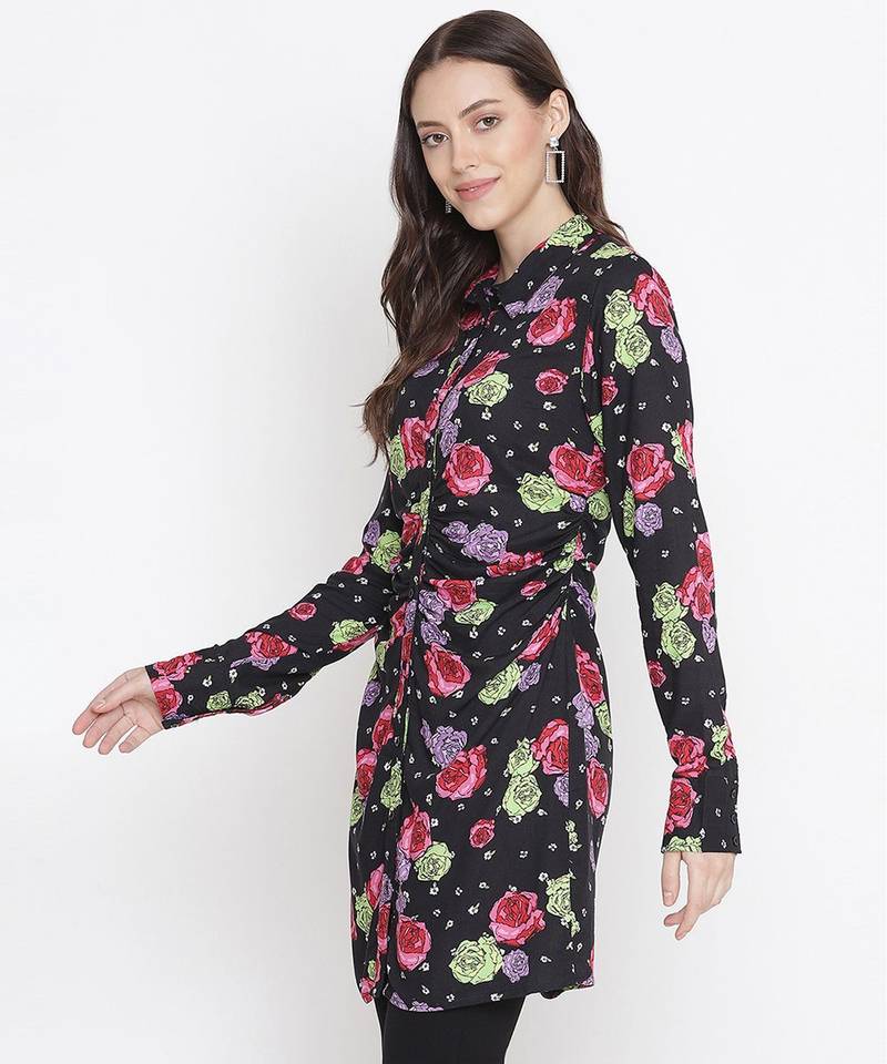 Black floral print button-down women gathered tunic