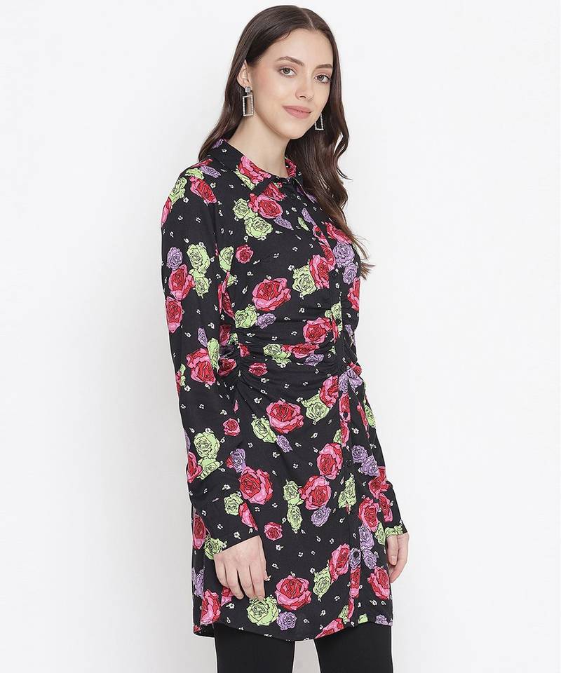 Black floral print button-down women gathered tunic