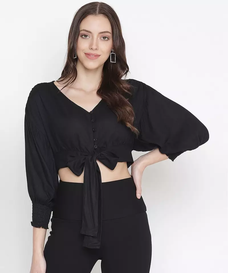 Aroma solid black tie - knot women top