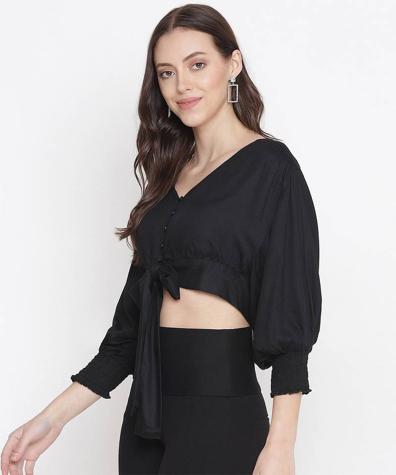 Aroma solid black tie - knot women top