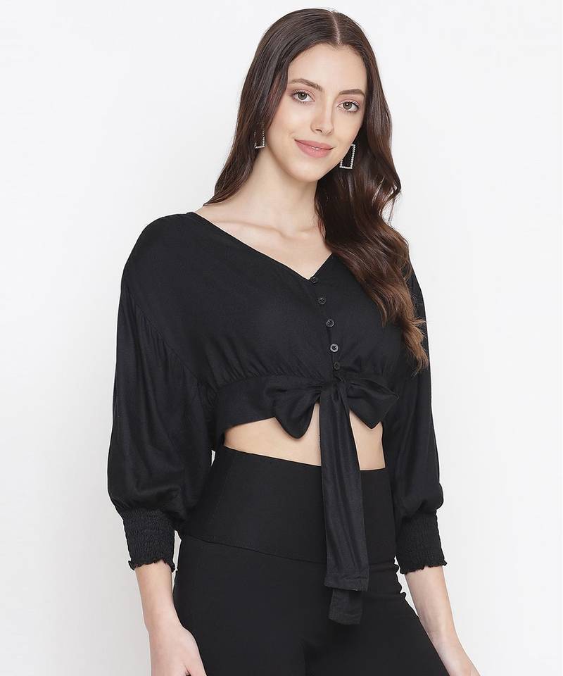Aroma solid black tie - knot women top