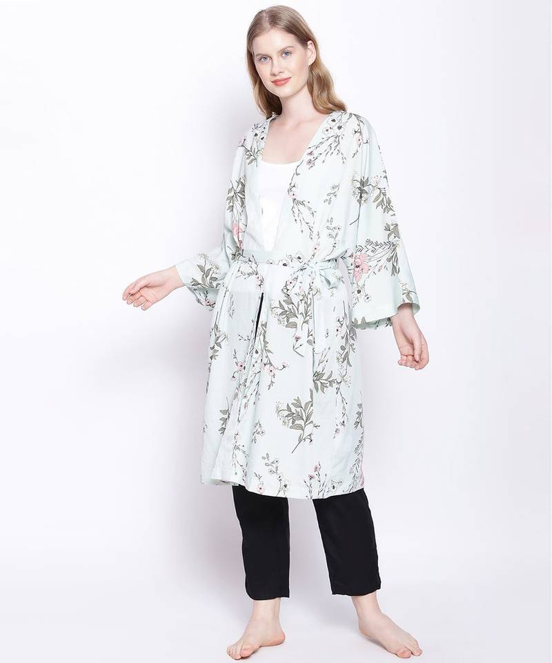 Green floral Tie knot Women Nighwear cover Up