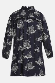 Abuzz Navy boat print smocking  modern girl dress