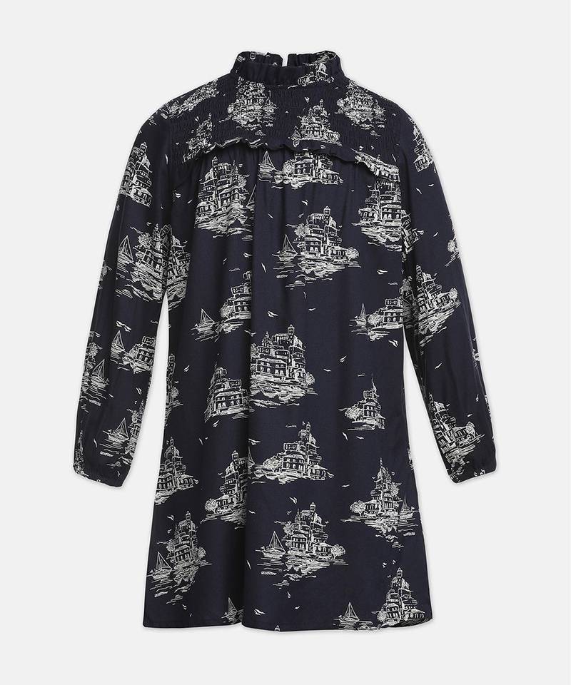 Abuzz Navy boat print smocking  modern girl dress