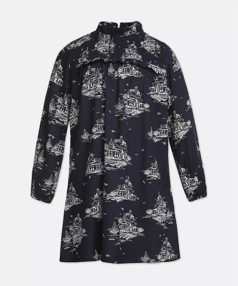 Abuzz Navy boat print smocking  modern girl dress