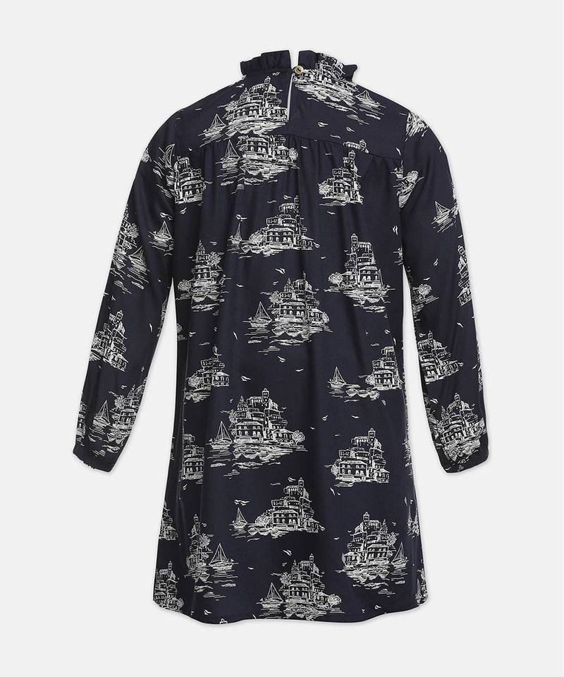 Abuzz Navy boat print smocking  modern girl dress