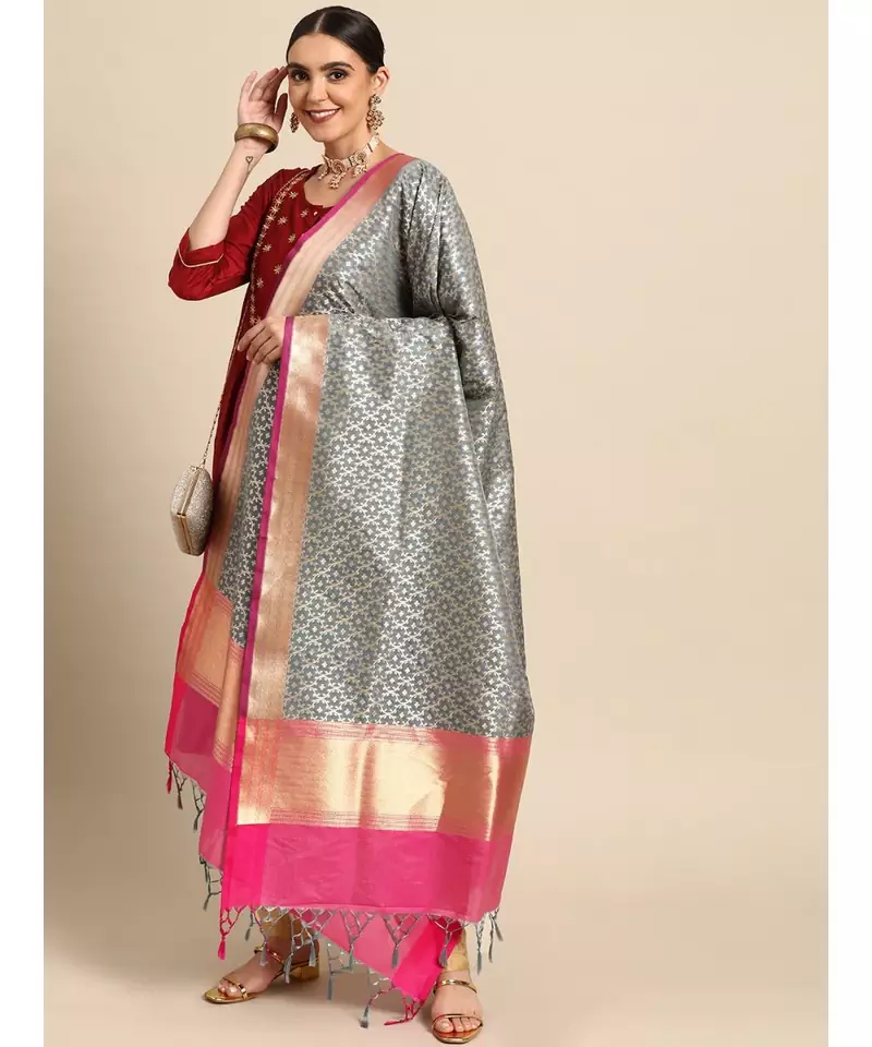 Silk Blend Grey Banarasi Work  dupatta