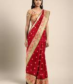 Red woven silk blend saree with blouse