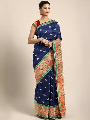 Blue woven silk blend saree with blouse 1