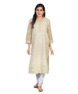 Ethnava Women's Lucknowi Chikankari Hand Embroidered Voile Cotton Straight Kurta 1