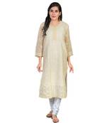 Ethnava Women's Lucknowi Chikankari Hand Embroidered Voile Cotton Straight Kurta