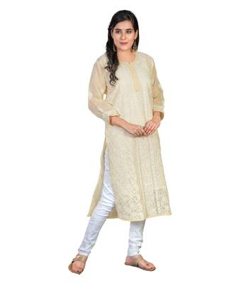 Ethnava Women's Lucknowi Chikankari Hand Embroidered Voile Cotton Straight Kurta 3