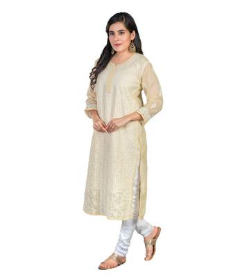 Ethnava Women's Lucknowi Chikankari Hand Embroidered Voile Cotton Straight Kurta 4