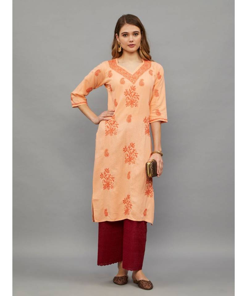 Ethnava Peach Matty Cotton  Lucknowi Chikankari Womens Kurta