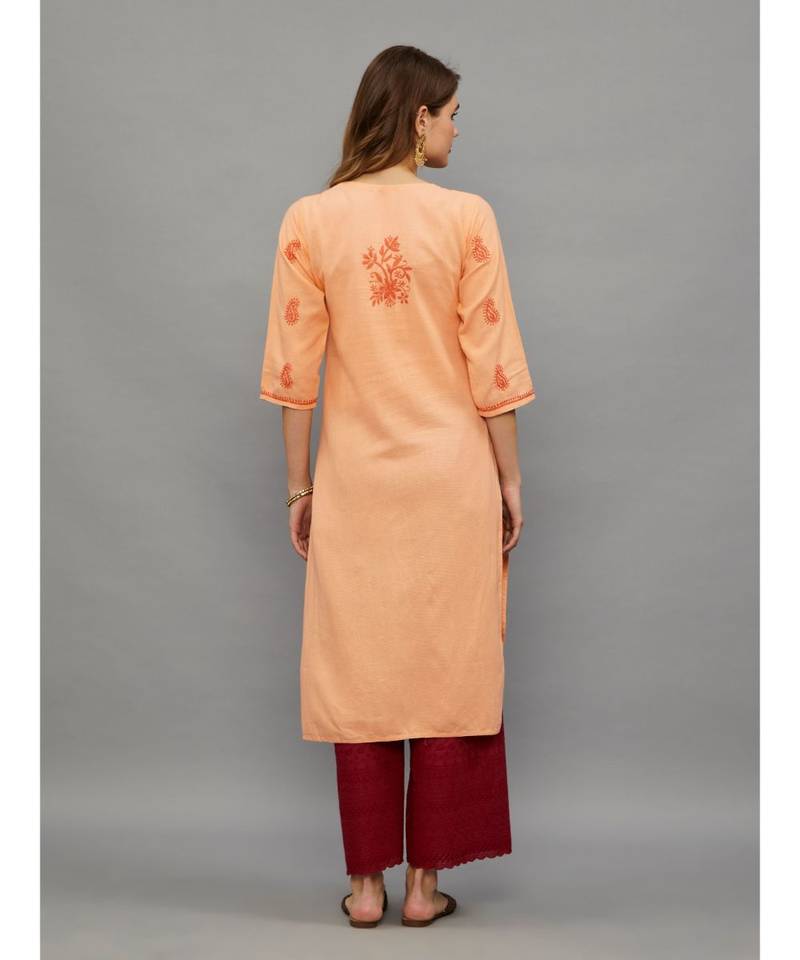 Ethnava Peach Matty Cotton  Lucknowi Chikankari Womens Kurta