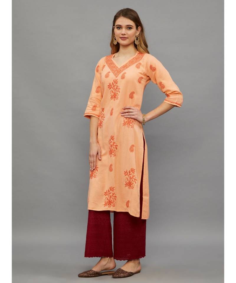Ethnava Peach Matty Cotton  Lucknowi Chikankari Womens Kurta